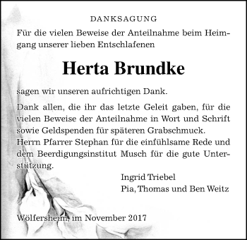Traueranzeige von Herta Brundke von Wetterauer Zeitung, Wetterauer Zeitung