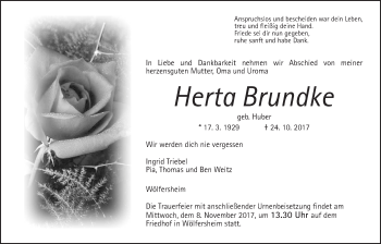 Traueranzeige von Herta Brundke von Wetterauer Zeitung, Wetterauer Zeitung