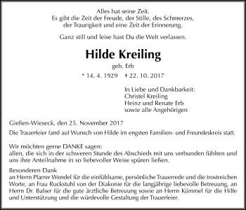 Traueranzeige von Hilde Kreiling von Giessener Allgemeine, Alsfelder Allgemeine