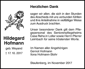 Traueranzeige von Hildegard Hofmann von Giessener Allgemeine, Alsfelder Allgemeine