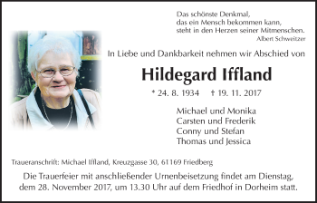 Traueranzeige von Hildegard Iffland von Wetterauer Zeitung, Wetterauer Zeitung