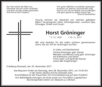 Traueranzeige von Horst Gröninger von Wetterauer Zeitung, Wetterauer Zeitung