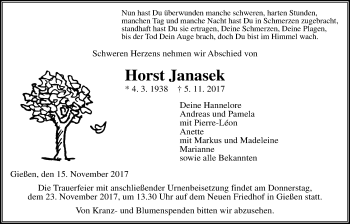 Traueranzeige von Horst Janasek von Giessener Allgemeine, Alsfelder Allgemeine