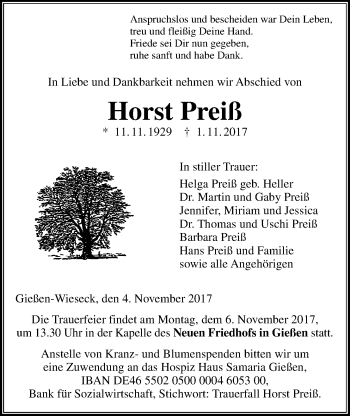 Traueranzeige von Horst Preiß von Giessener Allgemeine, Alsfelder Allgemeine
