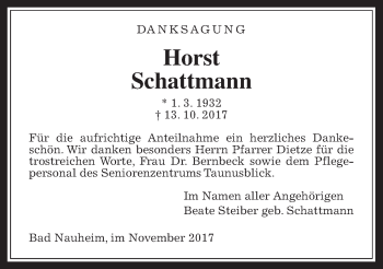 Traueranzeige von Horst Schattmann von Wetterauer Zeitung, Wetterauer Zeitung