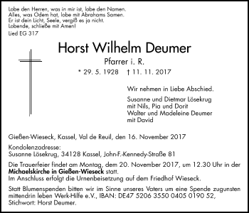 Traueranzeige von Horst Wilhelm Deumer von Giessener Allgemeine, Alsfelder Allgemeine
