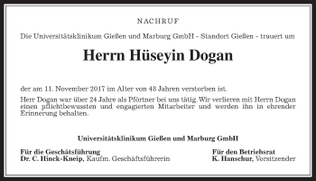 Traueranzeige von Hüseyin Dogan von Giessener Allgemeine, Alsfelder Allgemeine