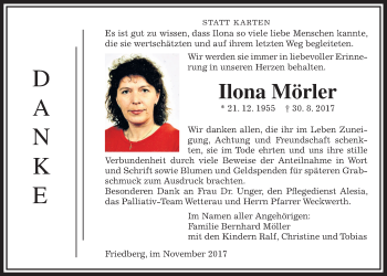 Traueranzeige von Ilona Mörler von Wetterauer Zeitung, Wetterauer Zeitung