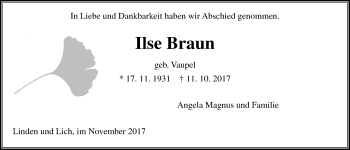 Traueranzeige von Ilse Braun von Giessener Allgemeine, Alsfelder Allgemeine