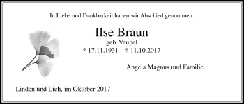 Traueranzeige von Ilse Braun von Licher Wochenblatt, Licher Wochenblatt, Licher Wochenblatt