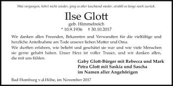 Traueranzeige von Ilse Glott von Wetterauer Zeitung, Wetterauer Zeitung