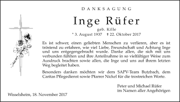 Traueranzeige von Inge Rüfer von Wetterauer Zeitung, Wetterauer Zeitung