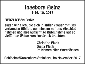 Traueranzeige von Ingeborg Heinz von Pohlheimer Nachrichten