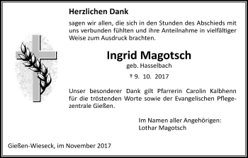 Traueranzeige von Ingrid Magotsch von Giessener Allgemeine, Alsfelder Allgemeine
