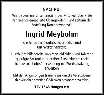 Traueranzeige von Ingrid Meybohm von Licher Wochenblatt, Licher Wochenblatt, Licher Wochenblatt