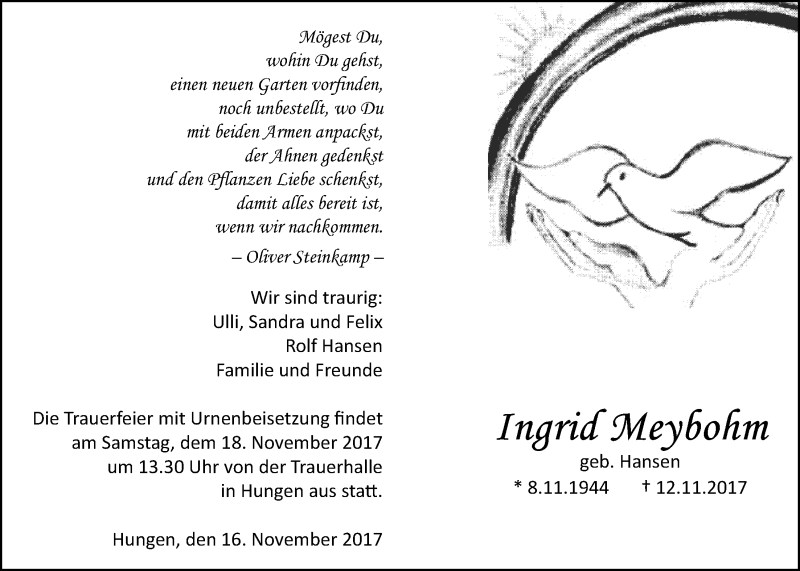 Traueranzeige für Ingrid Meybohm vom 16.11.2017 aus Giessener Allgemeine, Alsfelder Allgemeine