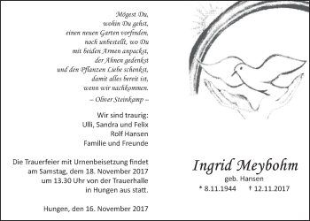 Traueranzeige von Ingrid Meybohm von Licher Wochenblatt, Licher Wochenblatt, Licher Wochenblatt