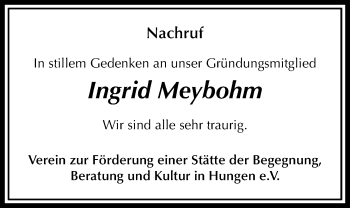 Traueranzeige von Ingrid Meybohm von Licher Wochenblatt, Licher Wochenblatt, Licher Wochenblatt
