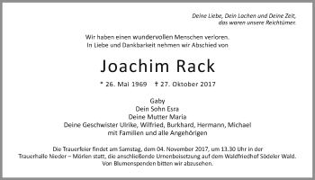 Traueranzeige von Joachim Rack von Wetterauer Zeitung, Wetterauer Zeitung