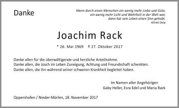 Traueranzeige von Joachim Rack von Wetterauer Zeitung, Wetterauer Zeitung