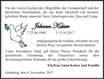 Traueranzeige von Johann Kaiser von Giessener Allgemeine, Alsfelder Allgemeine