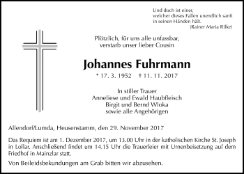 Traueranzeige von Johannes Fuhrmann von Giessener Allgemeine, Alsfelder Allgemeine