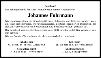 Traueranzeige von Johannes Fuhrmann von Giessener Allgemeine, Alsfelder Allgemeine
