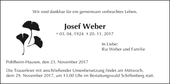 Traueranzeige von Josef Weber von Giessener Allgemeine, Alsfelder Allgemeine, Pohlheimer Nachrichten