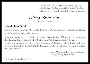 Traueranzeige von Jörg Reimann von Licher Wochenblatt, Licher Wochenblatt, Licher Wochenblatt