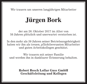 Traueranzeige von Jürgen Bork von Giessener Allgemeine, Alsfelder Allgemeine