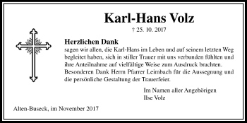 Traueranzeige von Karl-Hans Volz von Giessener Allgemeine, Alsfelder Allgemeine