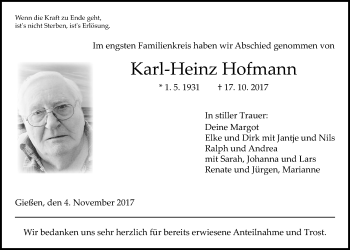 Traueranzeige von Karl-Heinz Hofmann von Giessener Allgemeine, Alsfelder Allgemeine