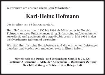 Traueranzeige von Karl-Heinz Hofmann von Giessener Allgemeine, Alsfelder Allgemeine