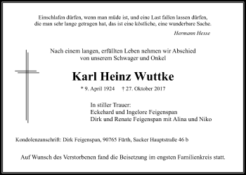 Traueranzeige von Karl Heinz Wuttke von Wetterauer Zeitung, Wetterauer Zeitung