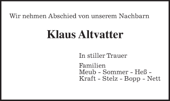 Traueranzeige von Klaus Altvatter von Wetterauer Zeitung, Wetterauer Zeitung