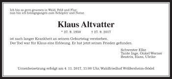 Traueranzeige von Klaus Altvatter von Wetterauer Zeitung, Wetterauer Zeitung
