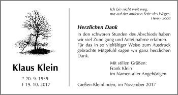 Traueranzeige von Klaus Klein von Giessener Allgemeine, Alsfelder Allgemeine