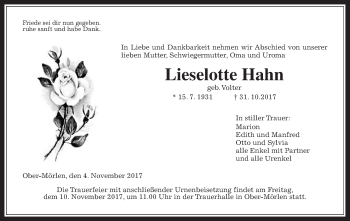 Traueranzeige von Lieselotte Hahn von Wetterauer Zeitung, Wetterauer Zeitung