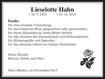 Traueranzeige von Lieselotte Hahn von Wetterauer Zeitung, Wetterauer Zeitung