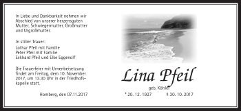 Traueranzeige von Lina Pfeil von Alsfelder Allgemeine