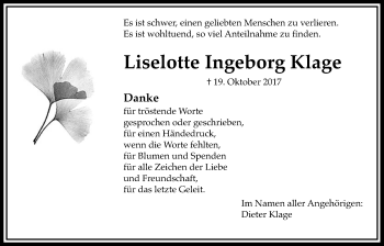 Traueranzeige von Liselotte Ingeborg Klage von Wetterauer Zeitung, Wetterauer Zeitung