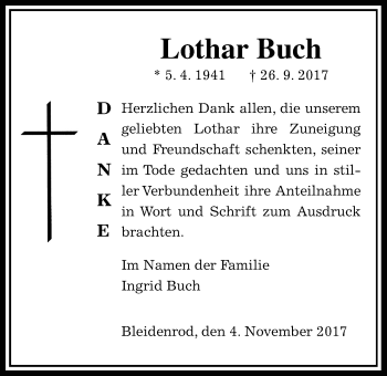 Traueranzeige von Lothar Buch von Alsfelder Allgemeine