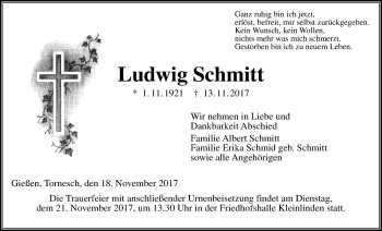 Traueranzeige von Ludwig Schmitt von Giessener Allgemeine, Alsfelder Allgemeine