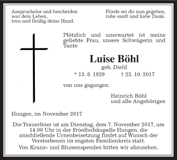 Traueranzeige von Luise Böhl von Giessener Allgemeine, Alsfelder Allgemeine