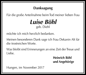 Traueranzeige von Luise Böhl von Licher Wochenblatt, Licher Wochenblatt, Licher Wochenblatt