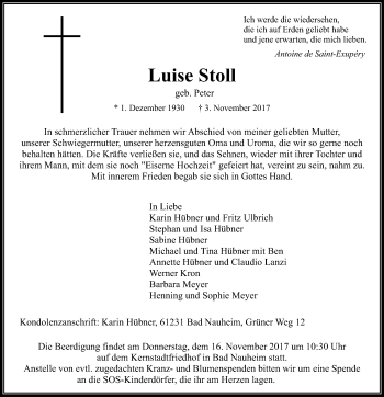 Traueranzeige von Luise Stoll von Wetterauer Zeitung, Wetterauer Zeitung