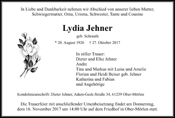 Traueranzeige von Lydia Jehner von Wetterauer Zeitung, Wetterauer Zeitung