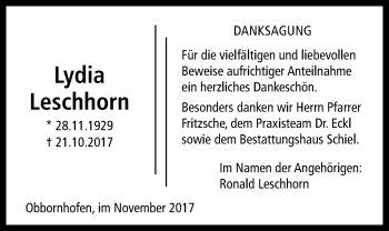 Traueranzeige von Lydia Leschhorn von Licher Wochenblatt, Licher Wochenblatt, Licher Wochenblatt