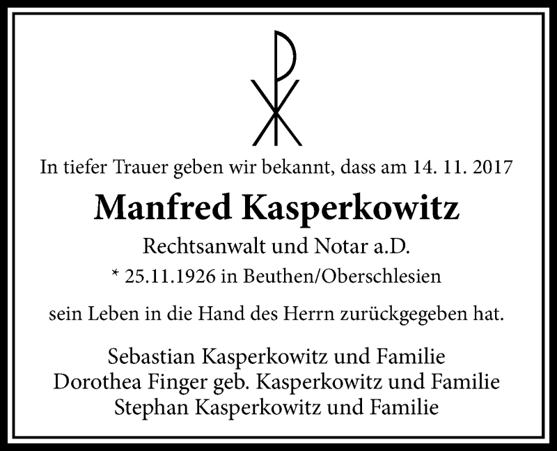  Traueranzeige für Manfred Kasperkowitz vom 23.11.2017 aus Licher Wochenblatt, Licher Wochenblatt, Licher Wochenblatt