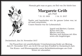 Traueranzeige von Margarete Gröb von Alsfelder Allgemeine